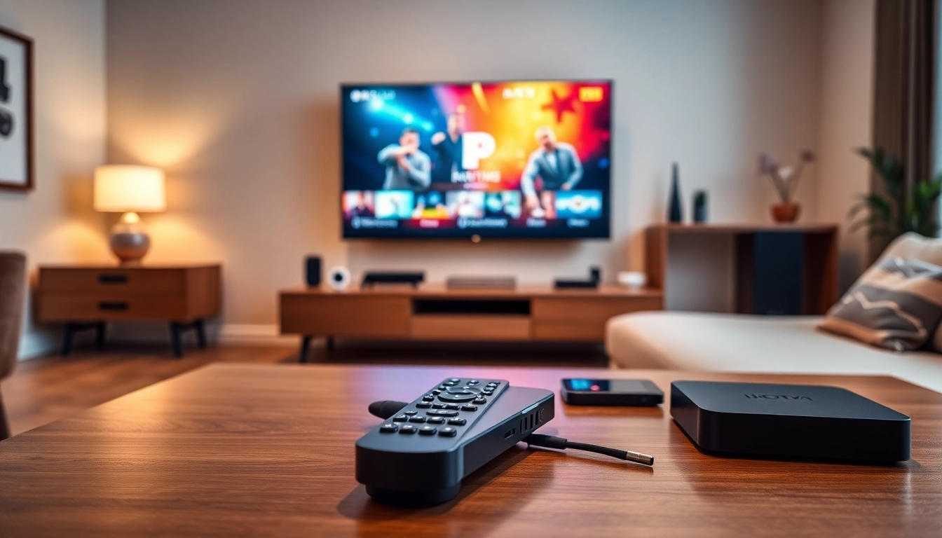 Profitez de votre iptv abonnement 12 mois dans un salon moderne avec téléviseur et appareil de streaming.