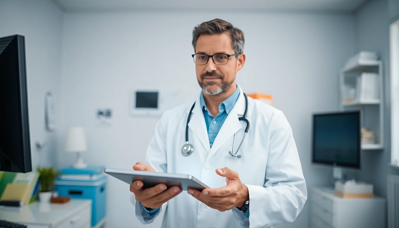 Illustrating how does eprescribing work, a doctor electronically sends a prescription from a tablet in a bright office.