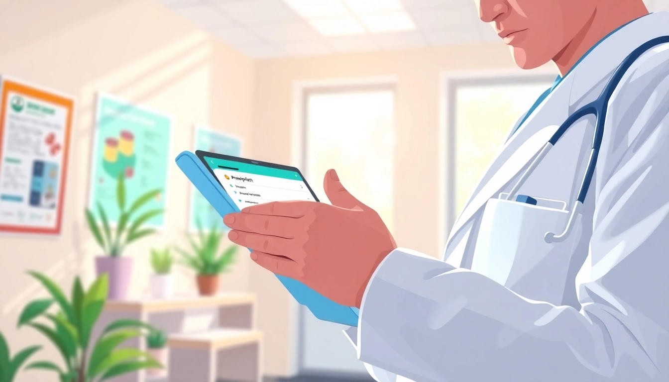 Showcasing the advantages of using eprescription apps with a doctor using a tablet.