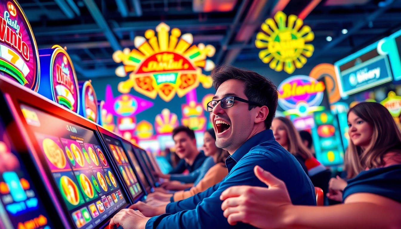 Permainan slot menarik mild88 dengan pemain yang antusias di latar kasino digital.