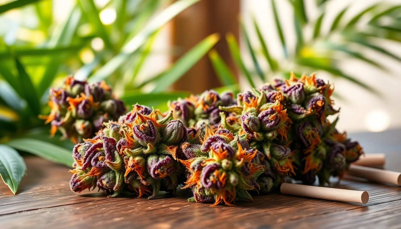 Admiring the Miami Runtz strain buds showcasing rich colors and glistening trichomes on a wooden table.