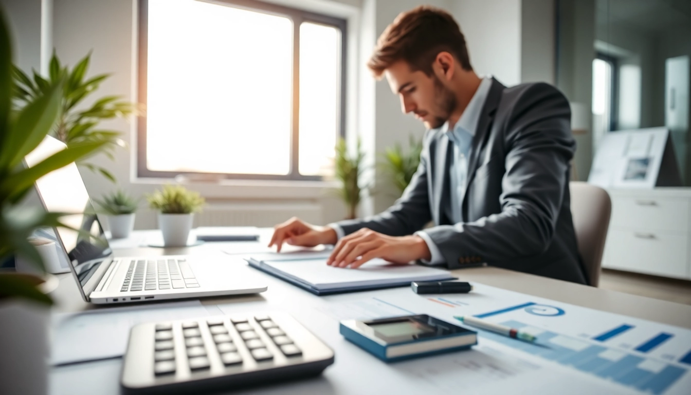 Engaging workspace showcasing Monthly Accounting Services with financial documents and a focused accountant.