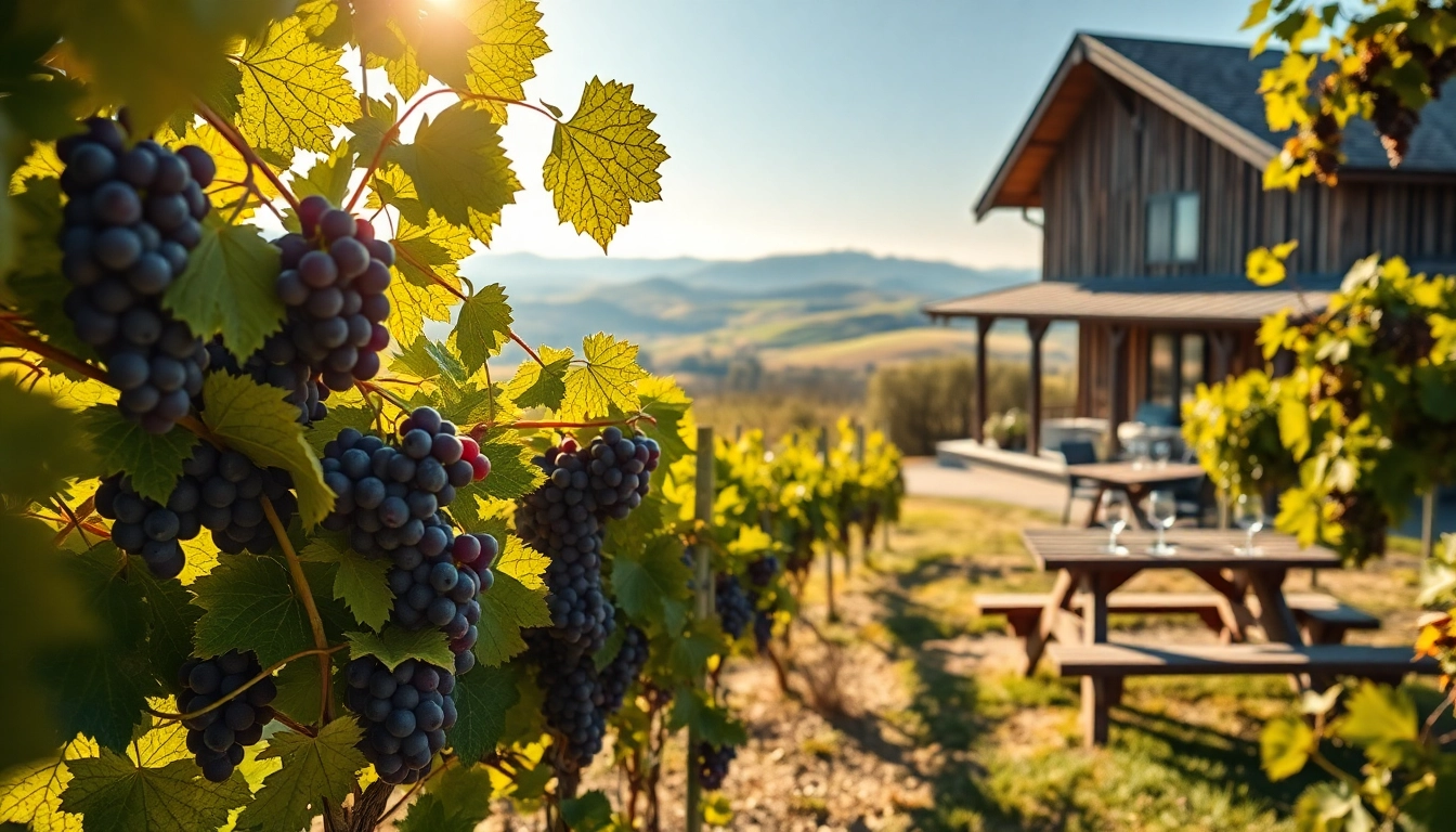 View of Sacramento Wineries surrounded by lush vineyards and a rustic tasting room inviting visitors.